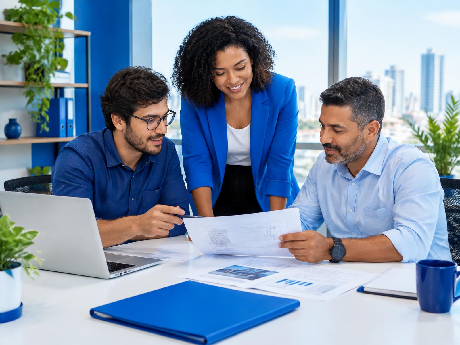 Equipe de uma pequena empresa revisando documentos técnicos